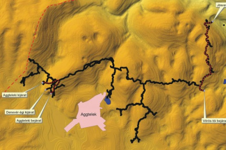 The map of the Baradla - the red dotted parts are developed sections