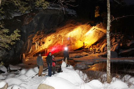 Winter snowshoe tours of Stone Bridge Cave Entrance